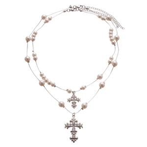 Double-layer pearl necklace with zircon-encrusted cross pendants and adjustable clasp
