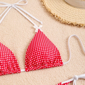 Close-up of red and white gingham bikini top with bow detail and halter ties