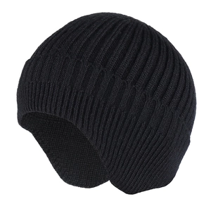 Men's winter knit beanie with ear flaps and thick fleece lining in black ribbed style