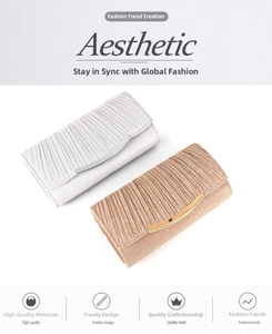 Detailed view of silver and champagne gold pleated clutch bags with sparkling texture