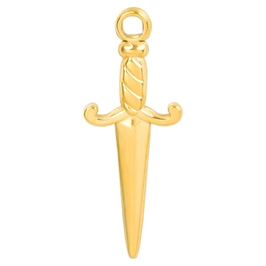 Detailed macro view of a 18k gold plated stainless steel sword shaped pendant charm