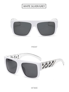 Close-up of white square sunglasses with silver chain temple and grey lenses in dual views