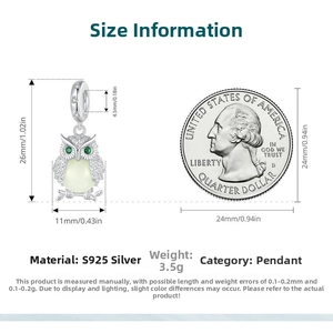 Luminous owl charm pendant dimensions 26mm by 11mm with S925 sterling silver comparison