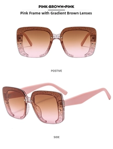 Detailansicht der randlosen Sonnenbrille mit rosa Farbverlauf und goldenem Glitzerrand