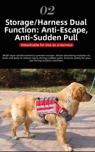 Red multi-functional dog harness with reflective strips and storage bag on Golden Retriever