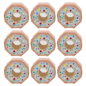 Nine pink octagonal donut boxes with clear windows and colorful polka dot patterns