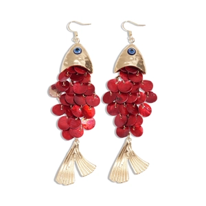 Exaggerated fish tassel drop earrings with red sequins and blue evil eye detail