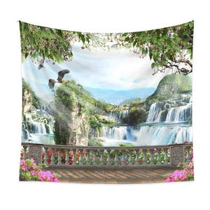 Detailed close-up of scenic landscape tapestry featuring waterfalls and floral garden