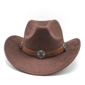 Brown faux suede western cowboy hat with curved brim and turquoise metal concho band
