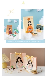 Detail of teacher appreciation gift bags with hand-drawn illustrations and silk handles