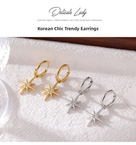 Detailed macro view of gold and silver eight-pointed star drop earrings with zircons