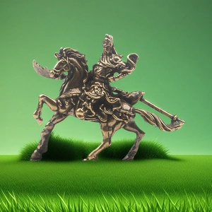 Detailed macro view of vintage brass Guan Yu figurine riding a horse with fine textures