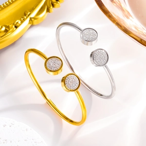 Minimalist 18k gold plated stainless steel open bangles with circular crystal accents