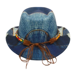 Kids American jazz fedora with blue denim print, colorful beads, and bow accessory