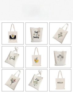 Detailed grid of daisy and floral print patterns on cream canvas tote bags