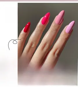 French style almond press-on nails in gradient pink and red tones with glossy finish