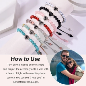 Custom photo projection heart charm bracelet with natural stone beads in various colors