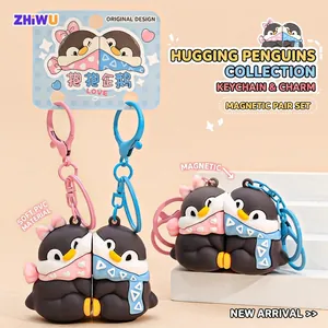 Hugging Penguin Magnetic Keychain 3D Cartoon Animal PVC Soft Rubber Bag Pendant Cute Gift For Couples Friends