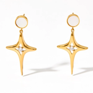Golden starburst earrings with white circular inlay and shimmering zircon stones on white base
