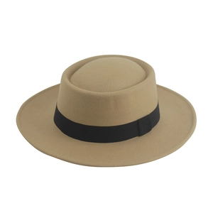 Classic khaki flat top jazz fedora hat with black decorative ribbon for women