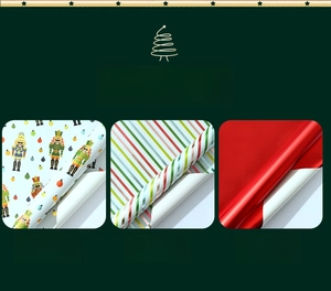 Three Christmas gift wrap styles: Nutcracker patterns, colorful stripes, and textured red