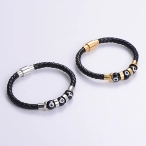 Men's braided leather bracelet with Evil Eye bead and magnetic clasp in gold and silver
