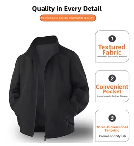 Detail showing windproof fabric, ribbed cuffs and large pockets on a black bomber jacket