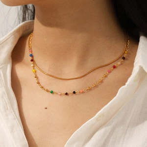 Double-layered gold stainless steel necklace with snake chain and colorful beads accent