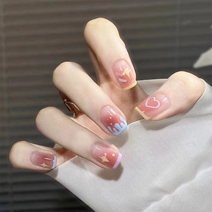 French Sweet Press On Nails Heart Star Pattern Gradient Blush Pink Blue Water Drop Graffiti False Nails Glue For Women