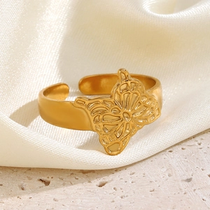 Elegant gold butterfly stainless steel open ring with detailed hollow wing patterns
