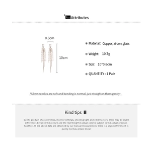 Detail of silver needle zircon tassel earrings showing precise 10cm chain length and 10.7g weight