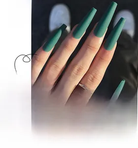 Detail of matte dark green extra-long ballerina press-on nails with product size array