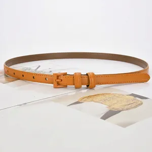 Bright yellow leather skinny belt for women with color-matched buckle and fine stitching