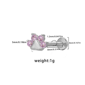 Cat paw labret stud with pink zircon and 1.2x8mm measurement data on white background