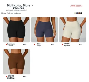 Collage of high waist yoga shorts in black, blue grey, cream, and light coffee colors