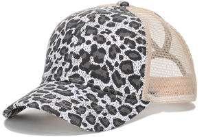 Detailed side view of leopard print baseball cap with breathable mesh back and curved brim