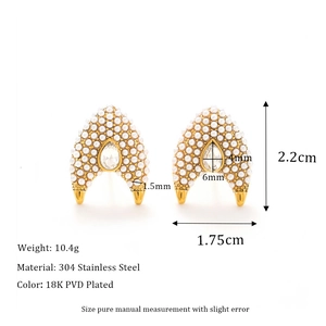 Detail view of 18K gold plated stainless steel pearl earrings with size dimensions