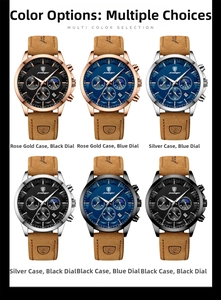 Multiple quartz men's watches with leather straps showing diverse dial colors and moon phase