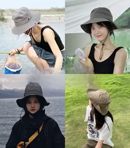 Detail of outdoor quick-dry bucket hat with adjustable wind cord and breathable metal vents