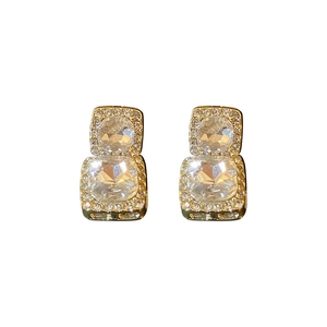 Luxurious gold-tone square crystal earrings featuring double-layered geometric design