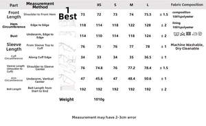 Detailed size chart for faux leather jacket including chest, sleeve and waist belt measurements