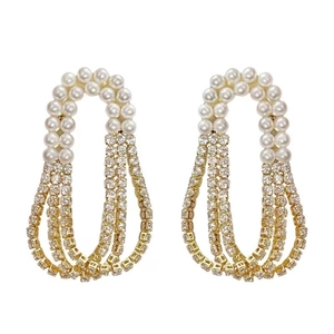 Elegant French style gold tassel earrings with pearls and sparkling cubic zirconia crystals