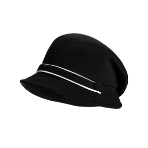 Chic black knitted bucket hat with white double stripe trim for a cozy autumn winter look