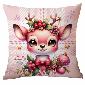 Pink Christmas pillow cover with festive cartoon reindeer and holly illustration