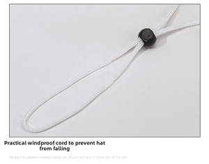 Close-up of detachable white woven chin strap with adjustable black plastic spring toggle