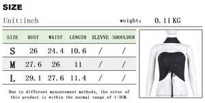 Detailed size chart in inches for the ruched drawstring tube top showing S, M, and L options