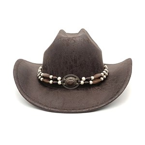 Classic dark brown western cowboy hat with beaded band and vintage metal buckle
