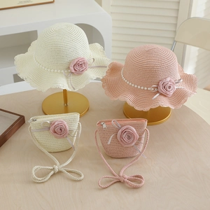 Kids Girls Summer Straw Sun Hat And Matching Bag Set Floral Artificial Pearl Wavy Brim Breathable Sunshade Beach Travel Sweet Style