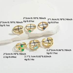 14K gold plated layered cubic zirconia open rings with emerald and sapphire stones