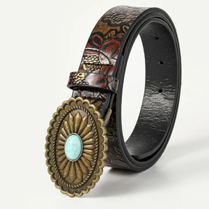 Bohemian brown leather belt with embossed floral pattern and turquoise buckle on white